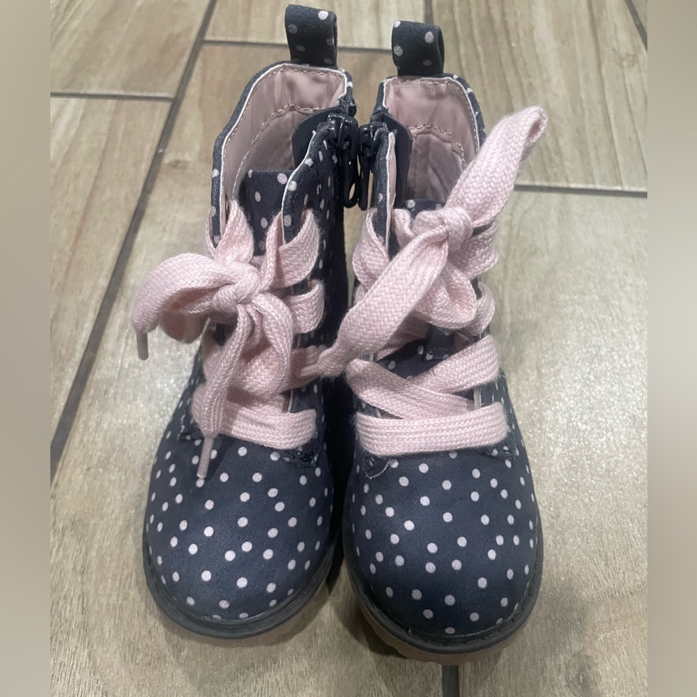 Cat & Jack Navy Polka Dot Boots with Pink Laces